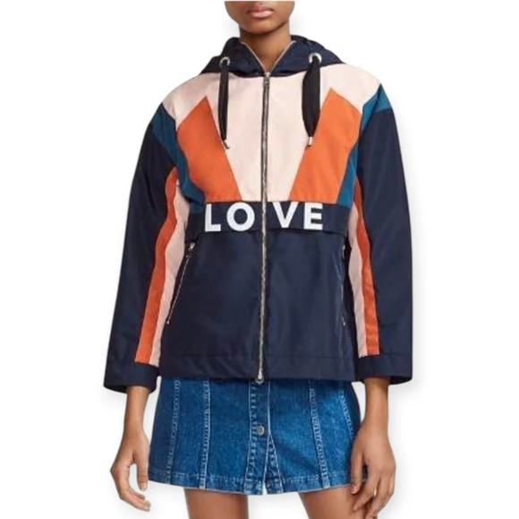 Maje Blima Colour Blocked Love Logo-Print Windproof Navy Zip Jacket 36 or Small - Picture 1 of 16